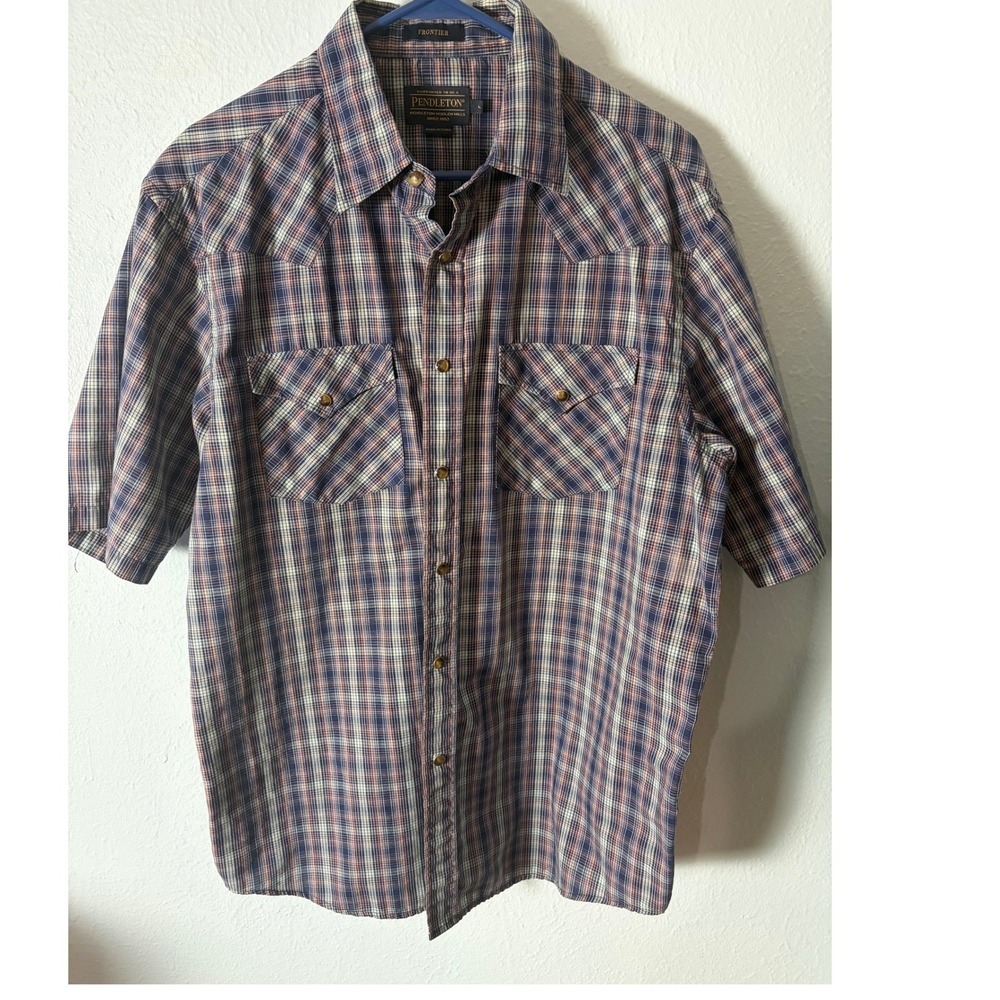 Pendleton Frontier Mens Large Blue Plaid Short Sleeve Western Snap Button Shirt